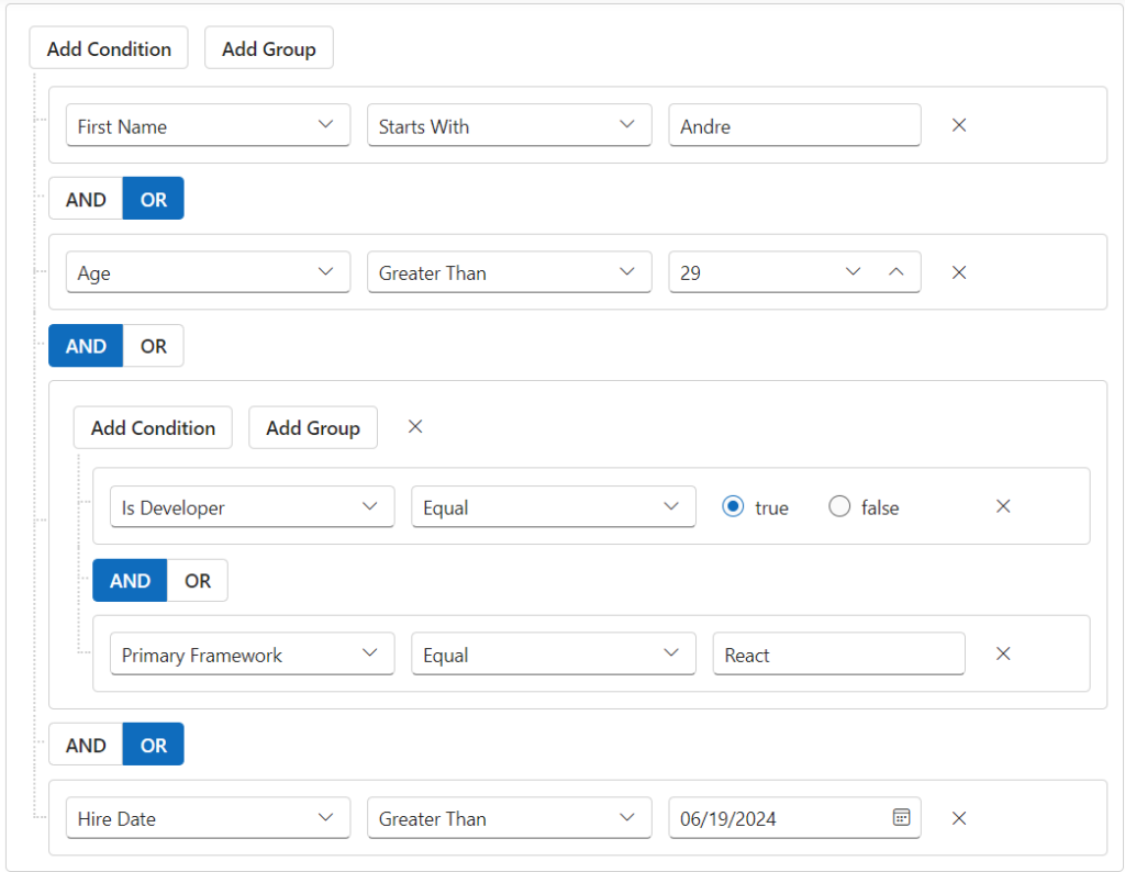 Independent connectors in Angular Query Builder