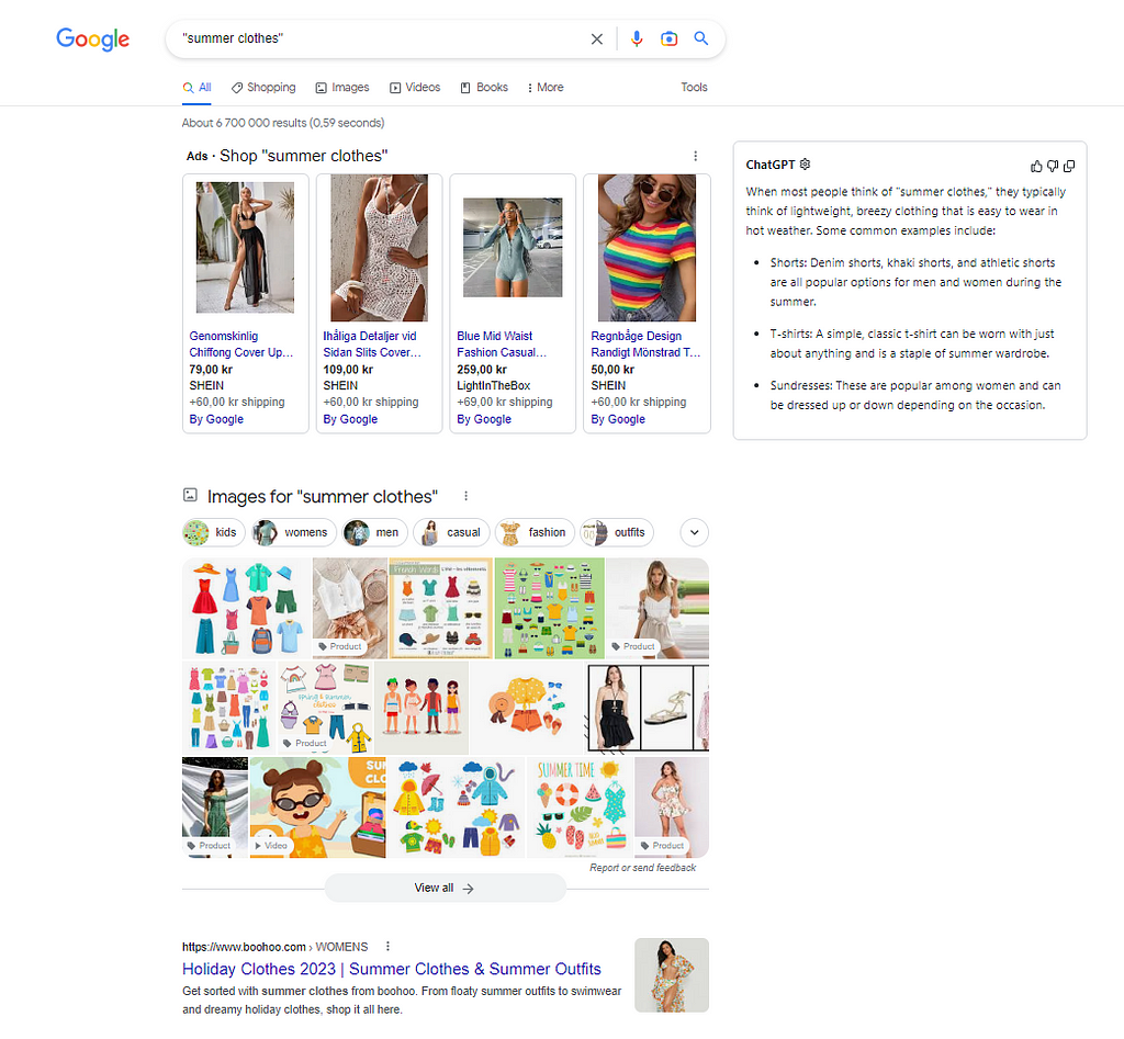 A screenshot showing the results page for the Google Search “summer clothes” juxtaposed with the response by ChatGPT for the same prompt.