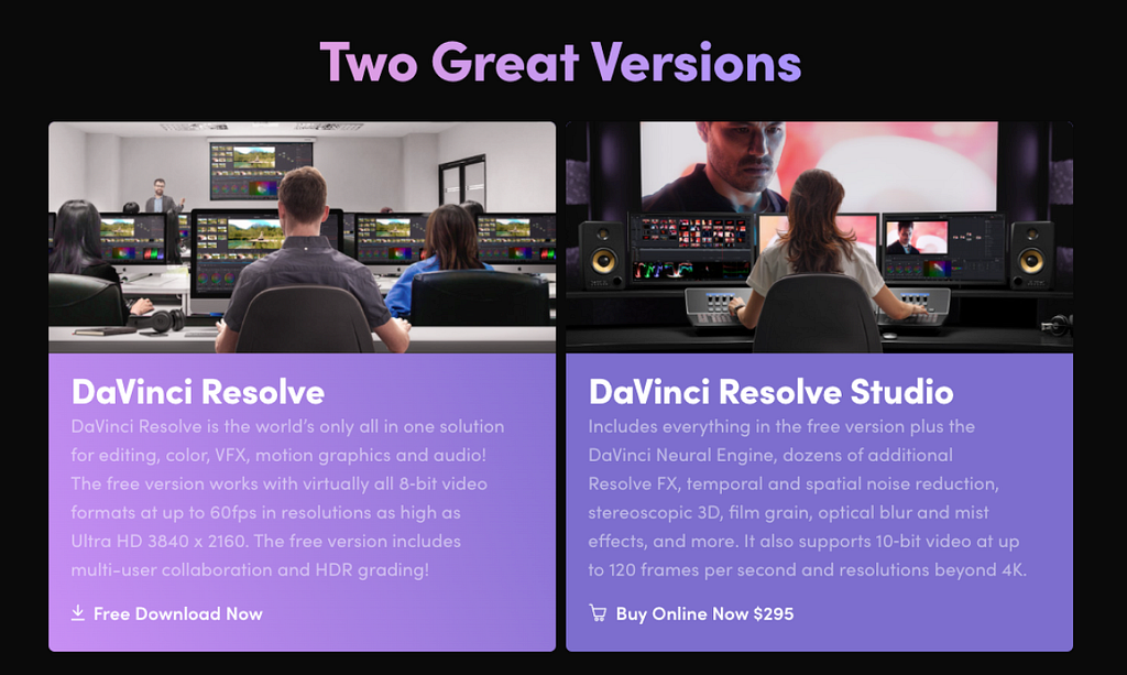 Image of Black Magic Davinci Resolve software, free version and paid version.