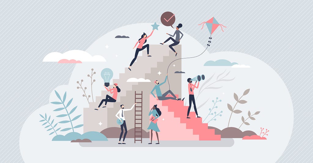Illustration of various people literally climbing a “career ladder”