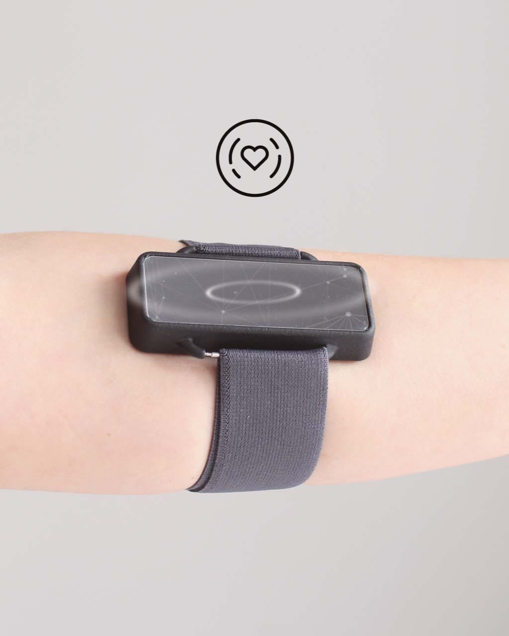 Sentero device on lower arm- with vibration lines and a heartbeat symbol