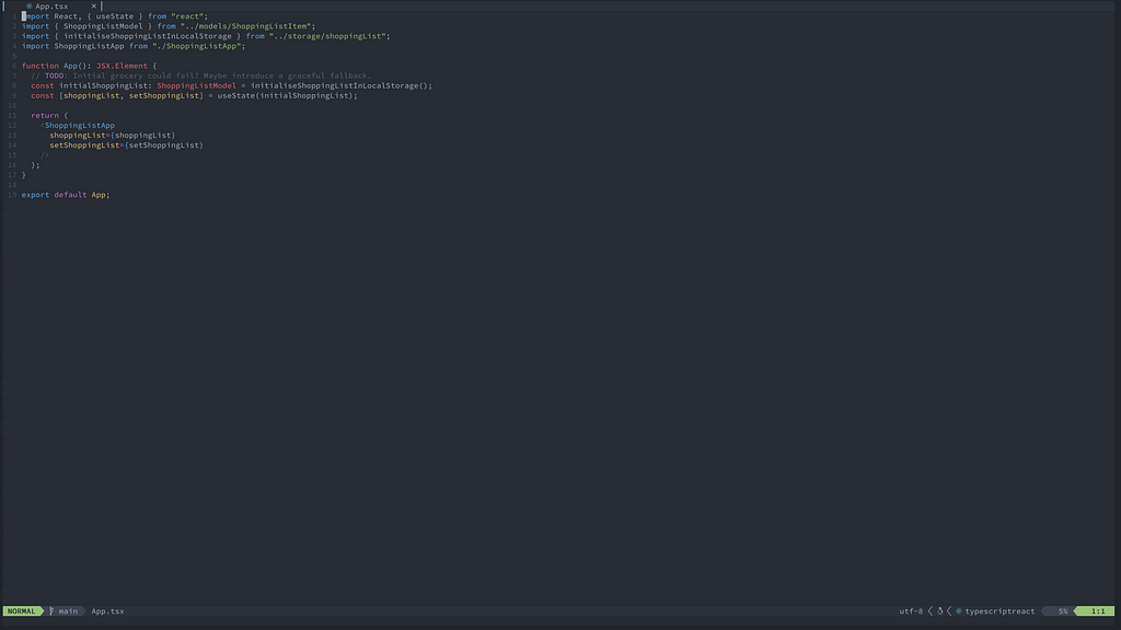 A screenshot of a terminal running Neovim with a Typescript code file in the current buffer.