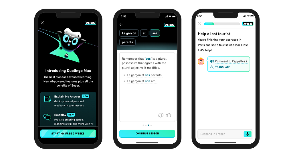 Three iPhone mockups showcasing Duolingo Max’s AI features: the subscription page with the owl mascot, an “Explain My Answer” French grammar breakdown, and a “Roleplay” scenario helping a lost tourist in Paris.