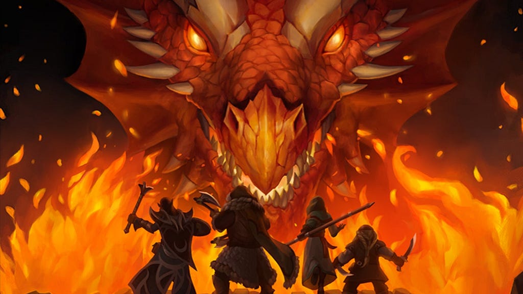 Quatro personagens de RPG de frente para um dragão cuspindo fogo