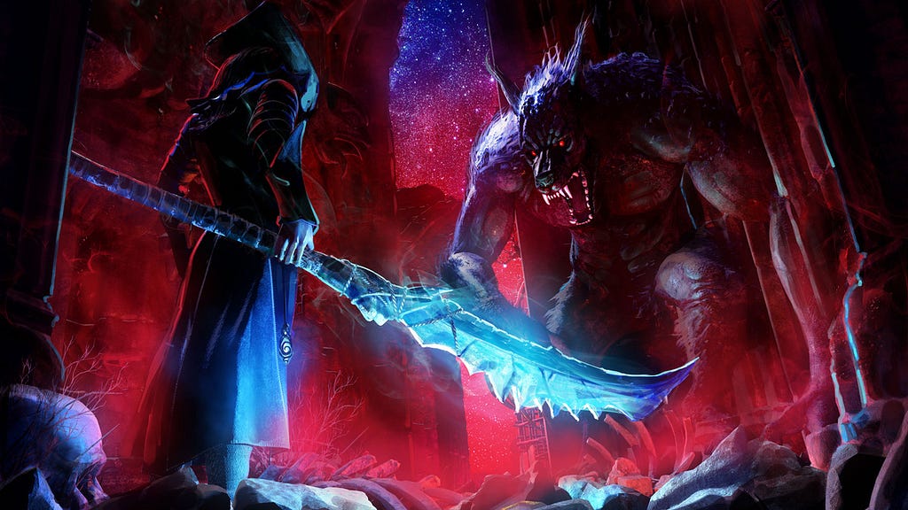 Image: A hooded figure stands with their back to us and a blue-glowing glaive in their hand. They face off against a huge, snarling werewolf.