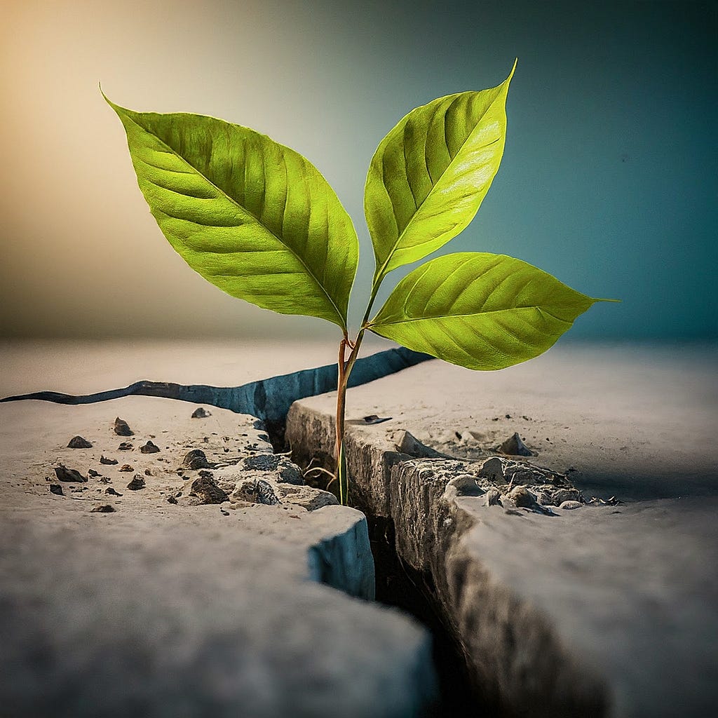 A seedling pushing through concrete symbolizes the strength of expressing oneself. — AI Generate Image