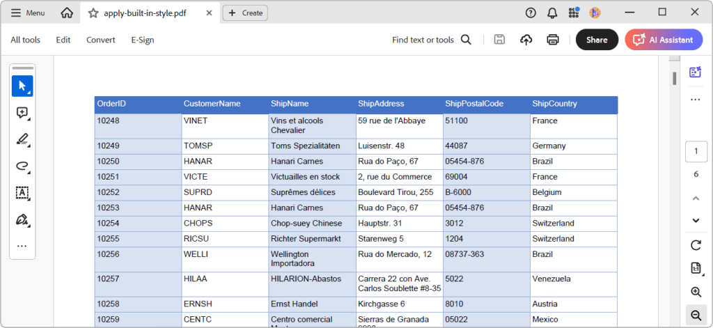 Customizing built-in styles in a PDF table using the .NET PDF Library