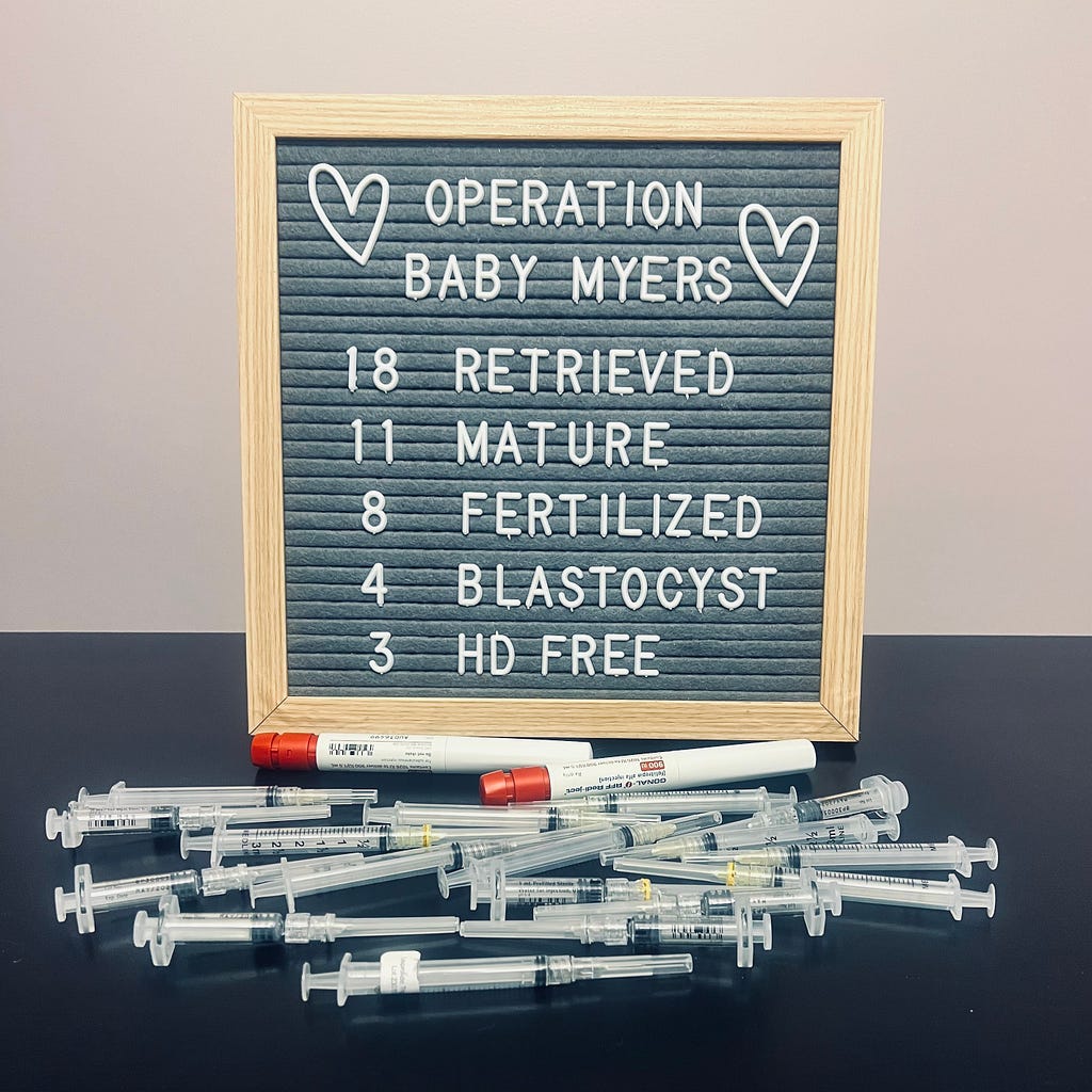 Signboard with needles used during IVF cycle scattered before it. Sign reads: Operation Baby Myers - 18 Retrieved, 11 Mature, 8 Fertilized, 4 Blastocyst, 3 HD Free.