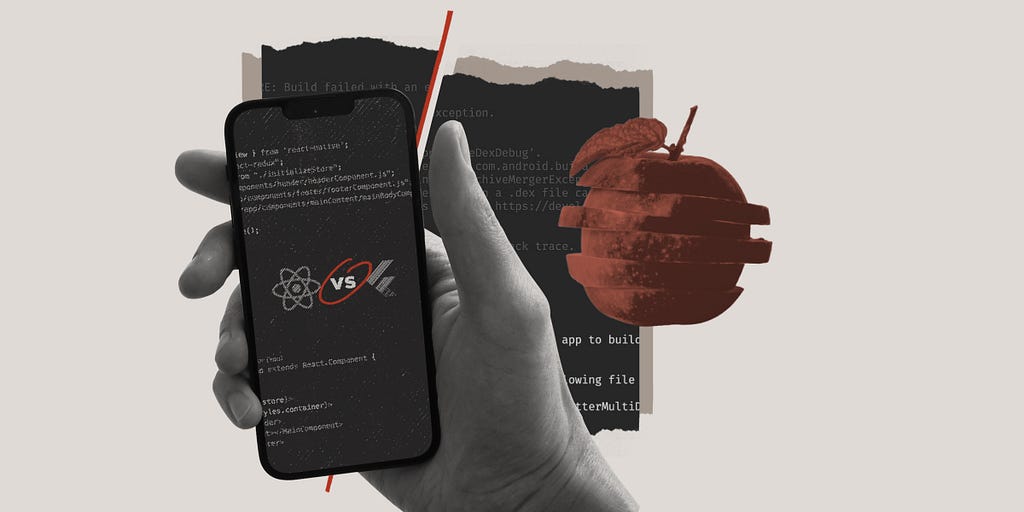 Hand holding a phone that has code in background and React Native vs Flutter. Background has code snippets with a cut apple overlapping to reference the phrases “Any way you slice it” and “comparing apples to apples”