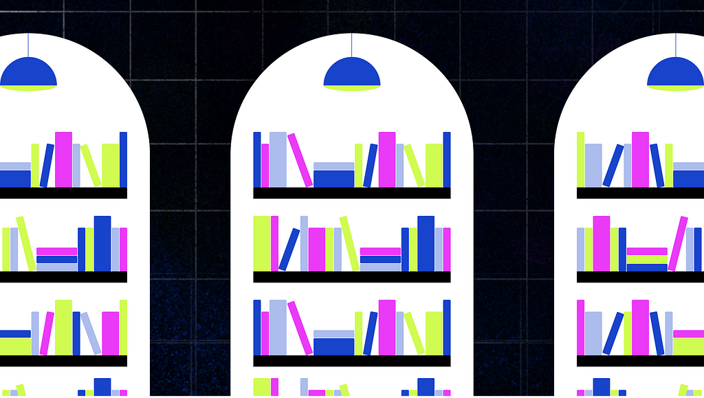 An illustration depicting a series of books on several bookshelves.