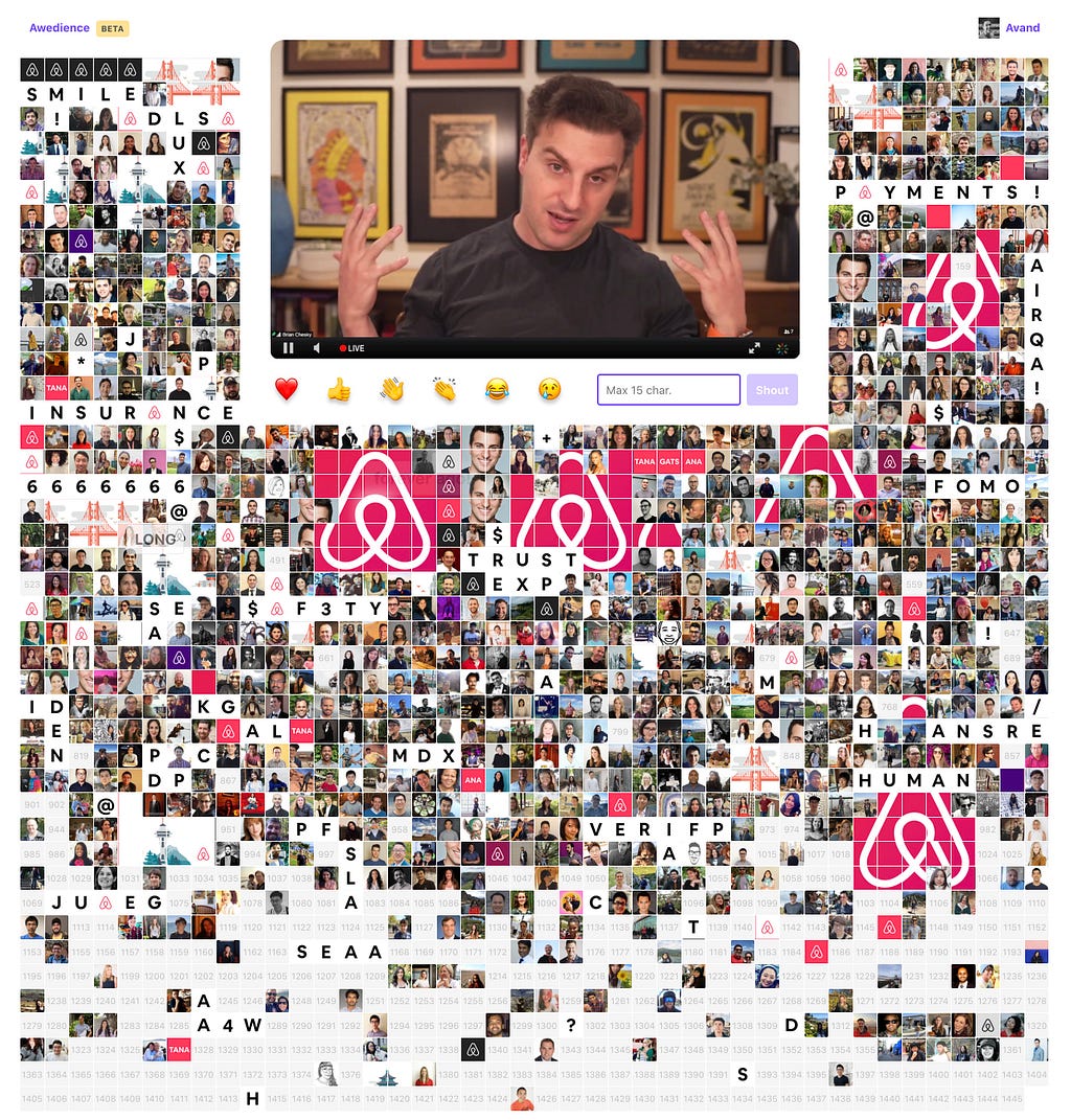 A screenshot of Awedience during an all-company meeting. Brian Chesky, CEO, is in the center and is surrounded by thousands of employees represented by tiny squares. The squares spell out words like “insurance,” “human,” or “trust.” There are also a few Airbnb logos being drawn out in 5x5 tiles.