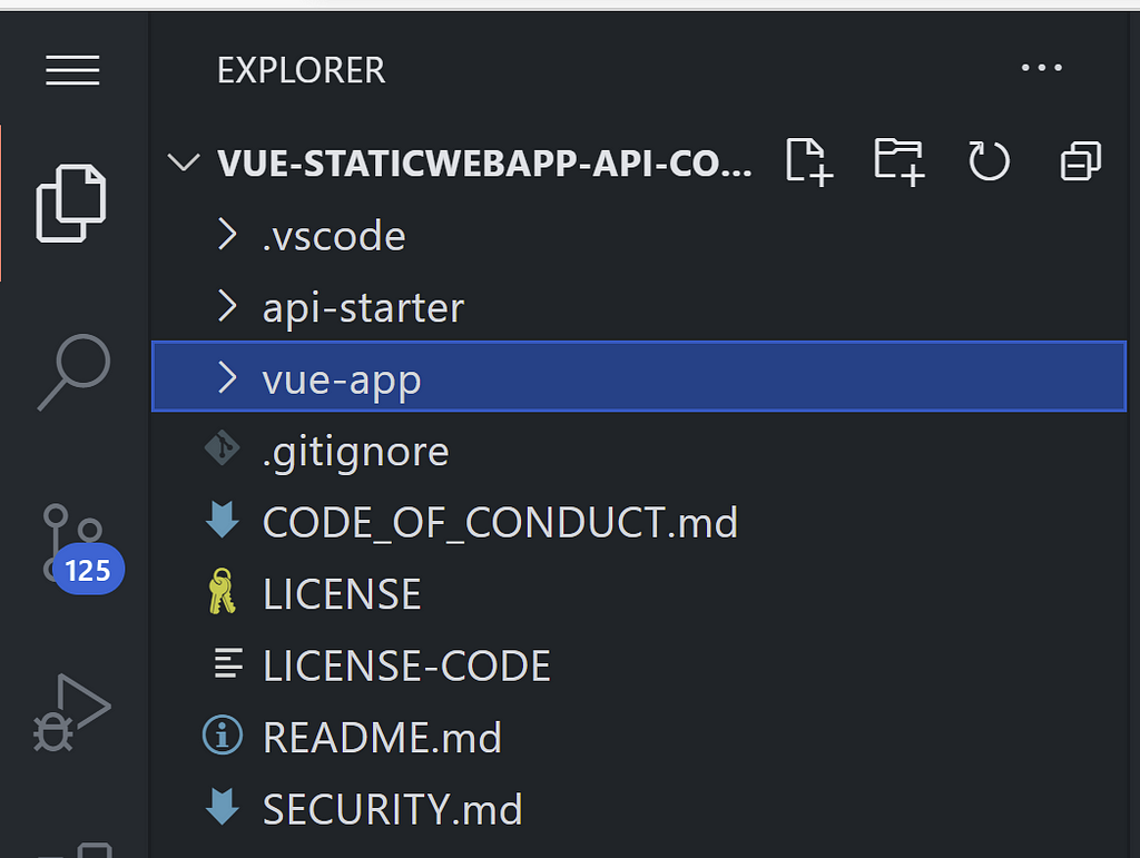 Folder of structure of Vue.js Static Web App with vue-app folder highlighted. Folder structure displays .vscode, api-starter, vue-app folders and boilerplate .gitignore, Code of conduct, license, readme files.