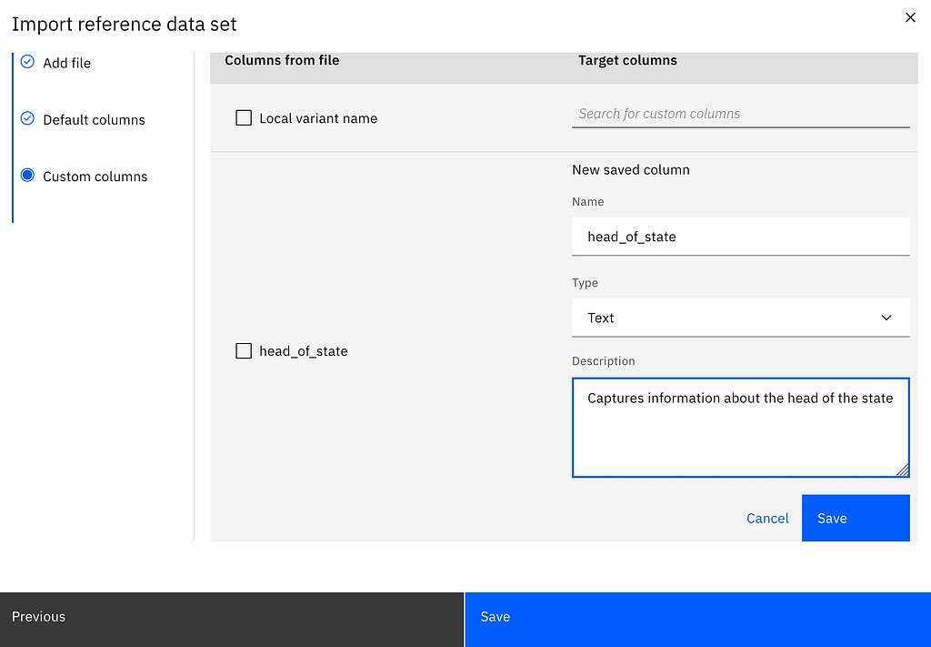 screenshot of selecting type and defining the data in the custom column