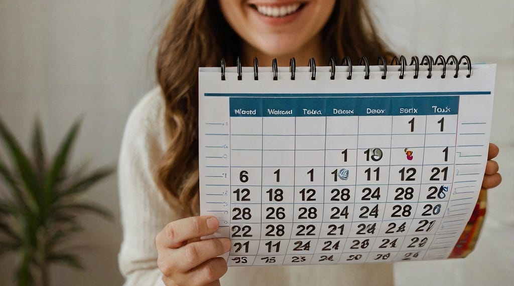 A person holding a calendar with “Weekend Detox” circled and a happy, relaxed expression.