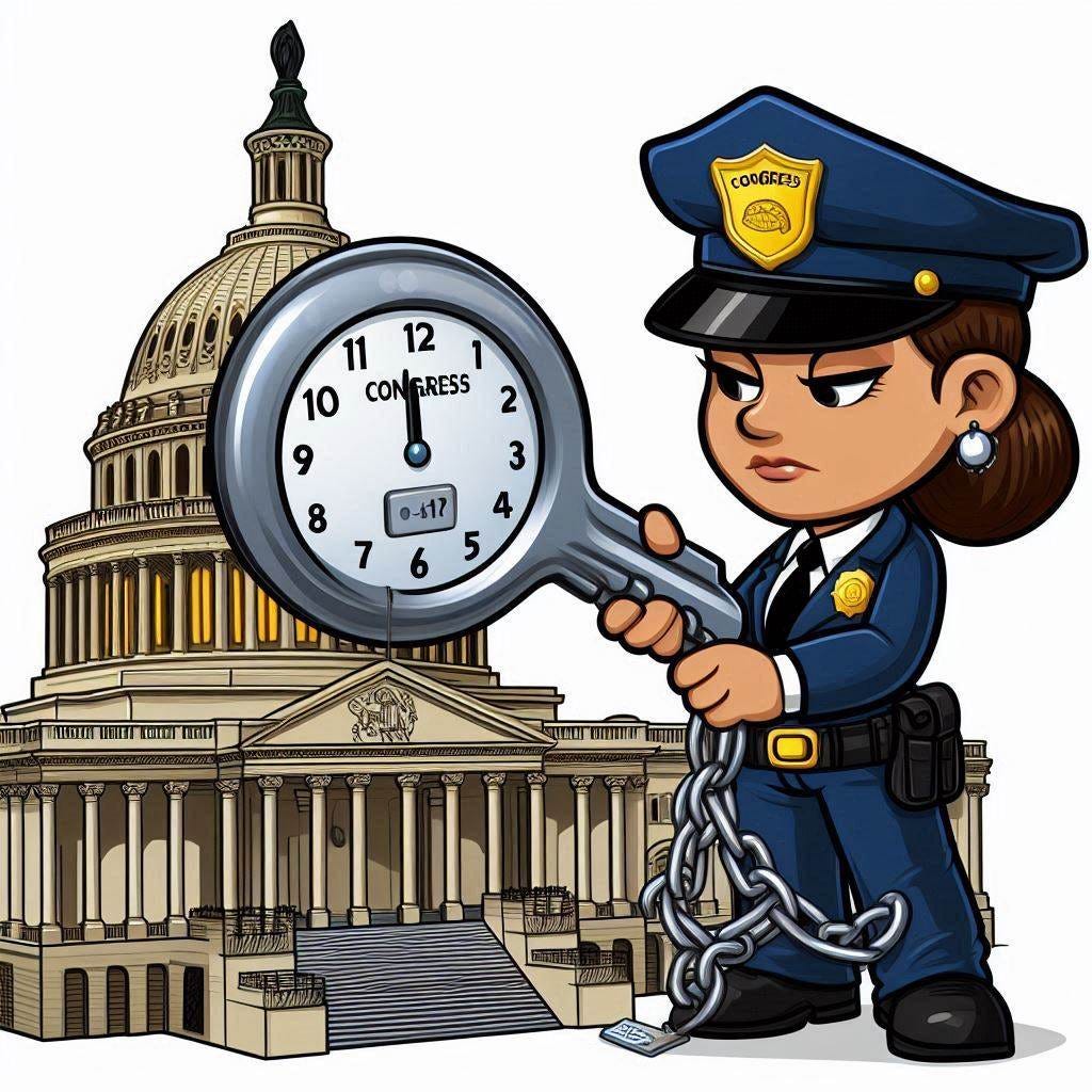 AI generated cartoon of a female security guard locking up the US capitol building at midnight