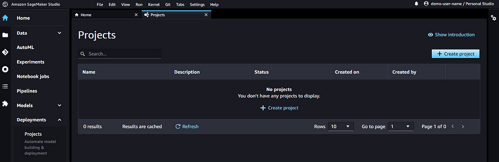 Projects tab inside the Sagemaker Studio Canvas
