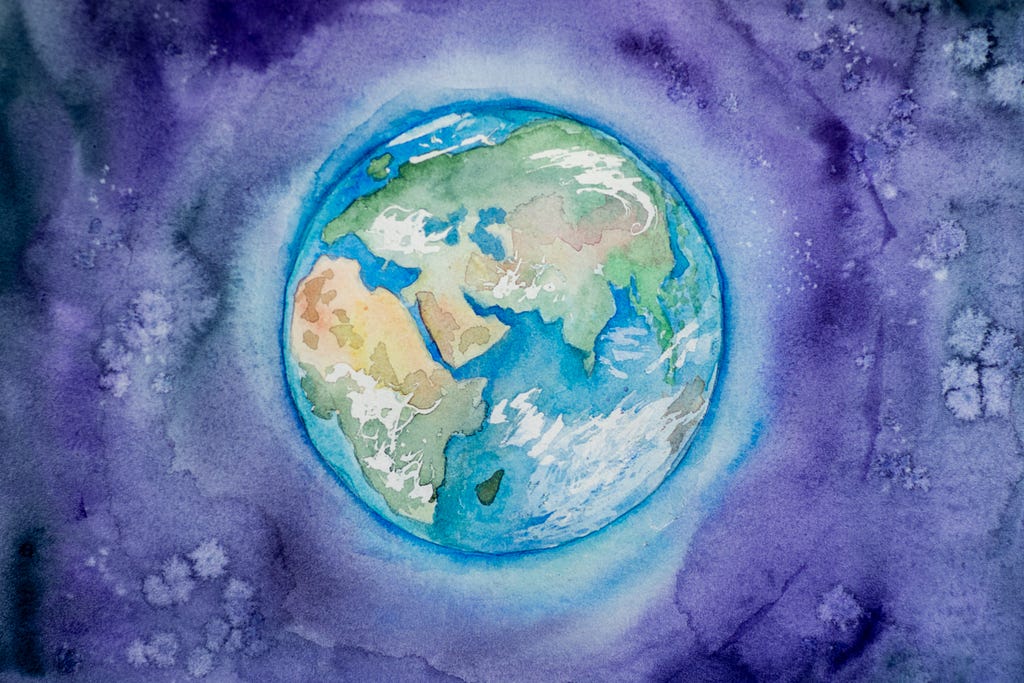 Watercolour painting of earth seen from the space