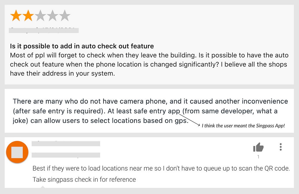 Screenshot of feedback from users: e.g. “Can TraceTogether App do auto check-out when it detects that I’ve moved away?”, “Can TraceTogether App list SafeEntry venues based on my global positioning service (GPS) location, like how Singpass App does it?”