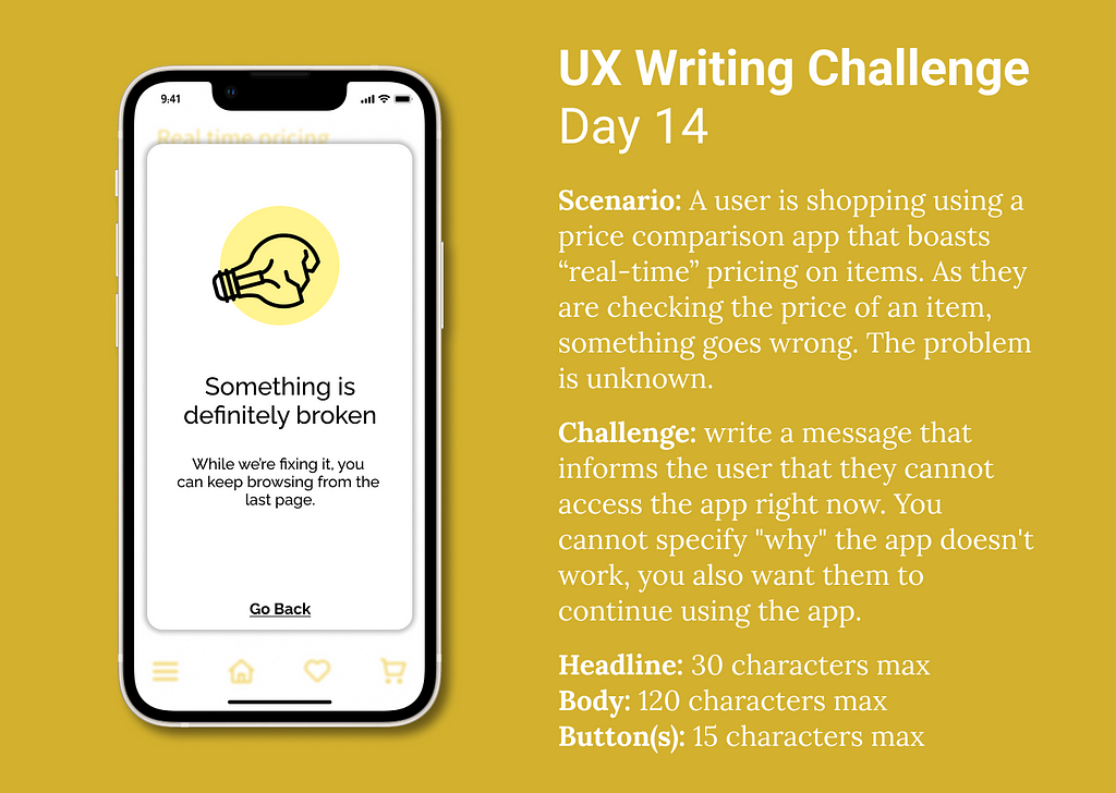 On the left, an iPhone on a yellow background with a screen mockup notifiying the user that the app has glitched. The right shows the writing challenge objectives (below).