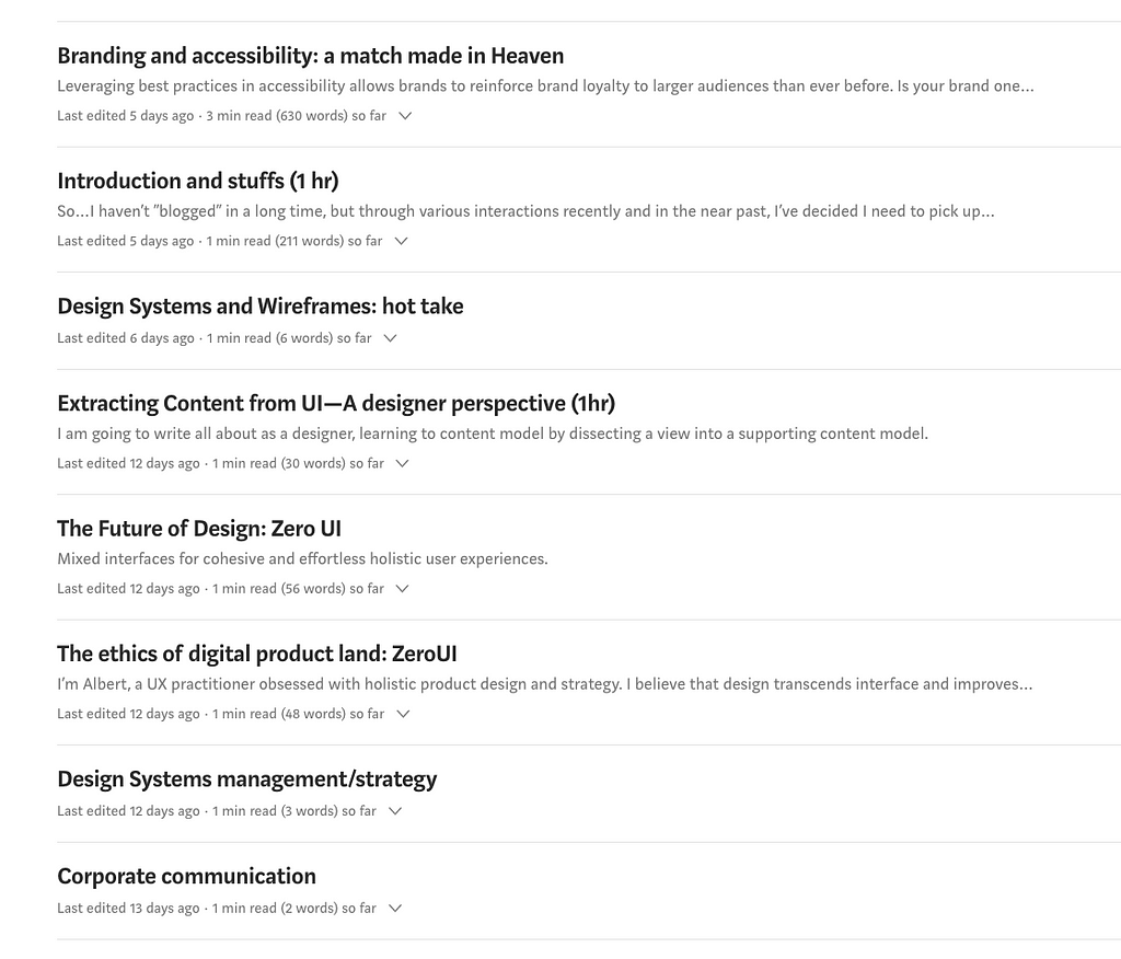 Figure 1.0: A Medium screenshot showing a list of various story drafts that I would like to publish regarding design.