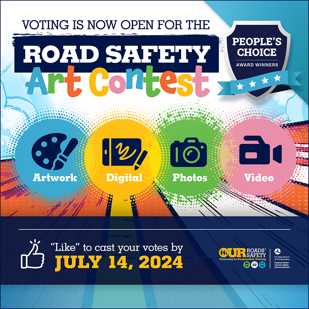 Voting is now open for the 2024 Road Safety Art Contest People’s Choice Awards. Cast your vote by going to the Our Roads, Our Safety Facebook page and “like” your favorite entries