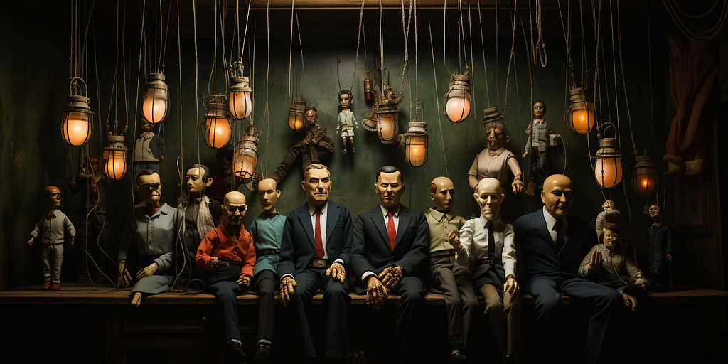 A bunch of presidential-looking marionette puppets, sitting around doing nothing useful.
