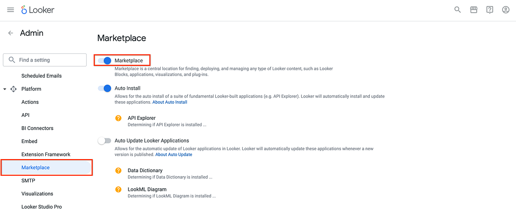 Enable Marketplace from Looker Admin