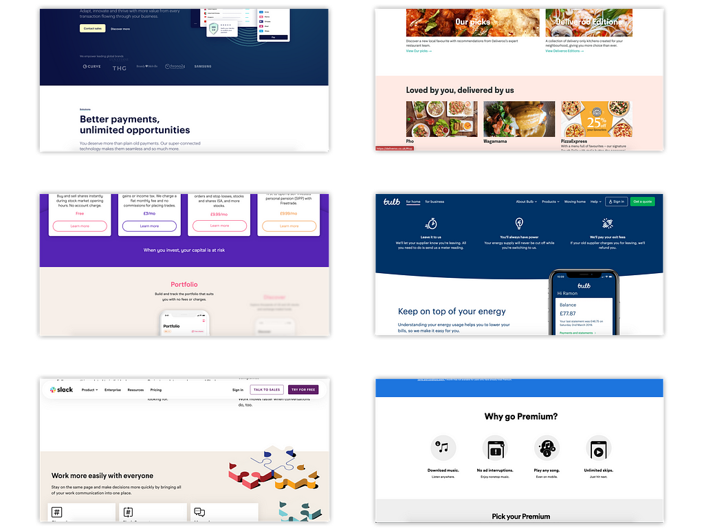 Image of contrasting section dividers on various startup landing pages