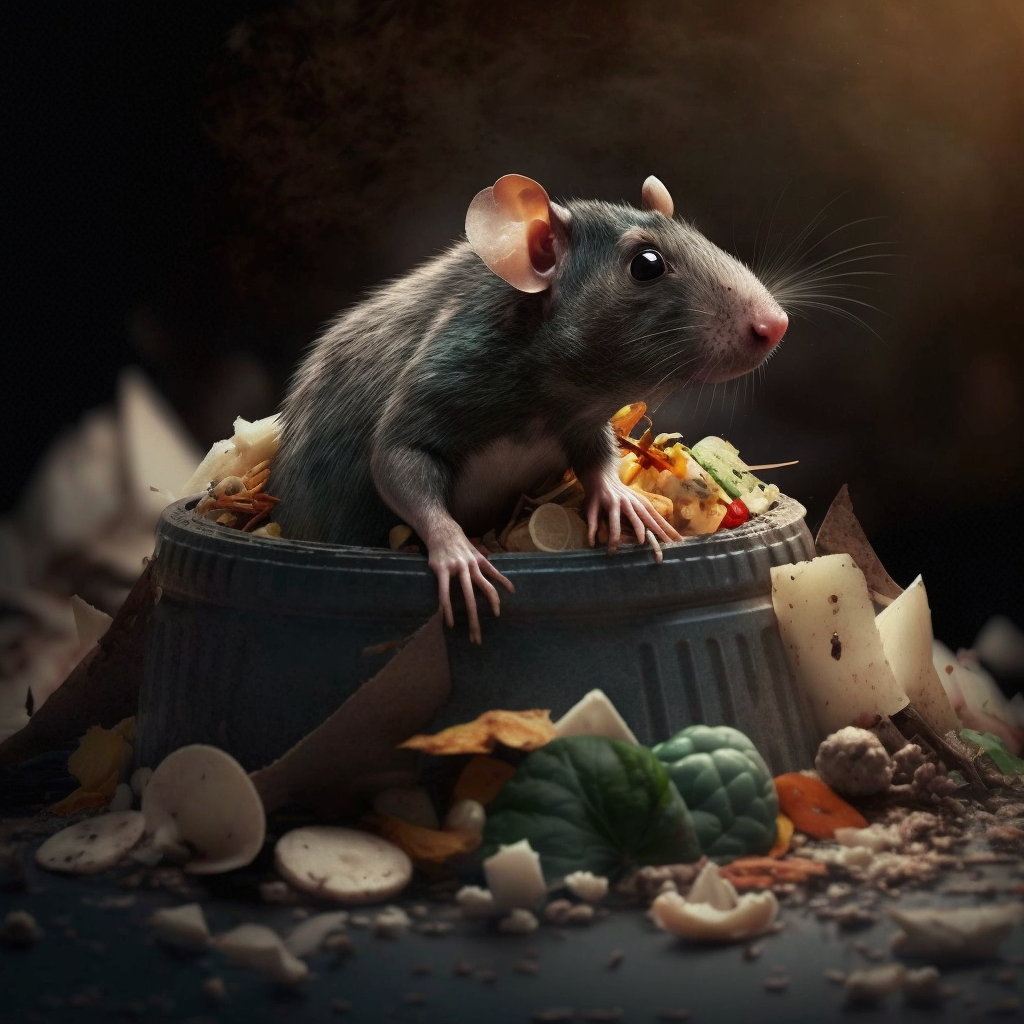 A rat eats in a pile of garbage.