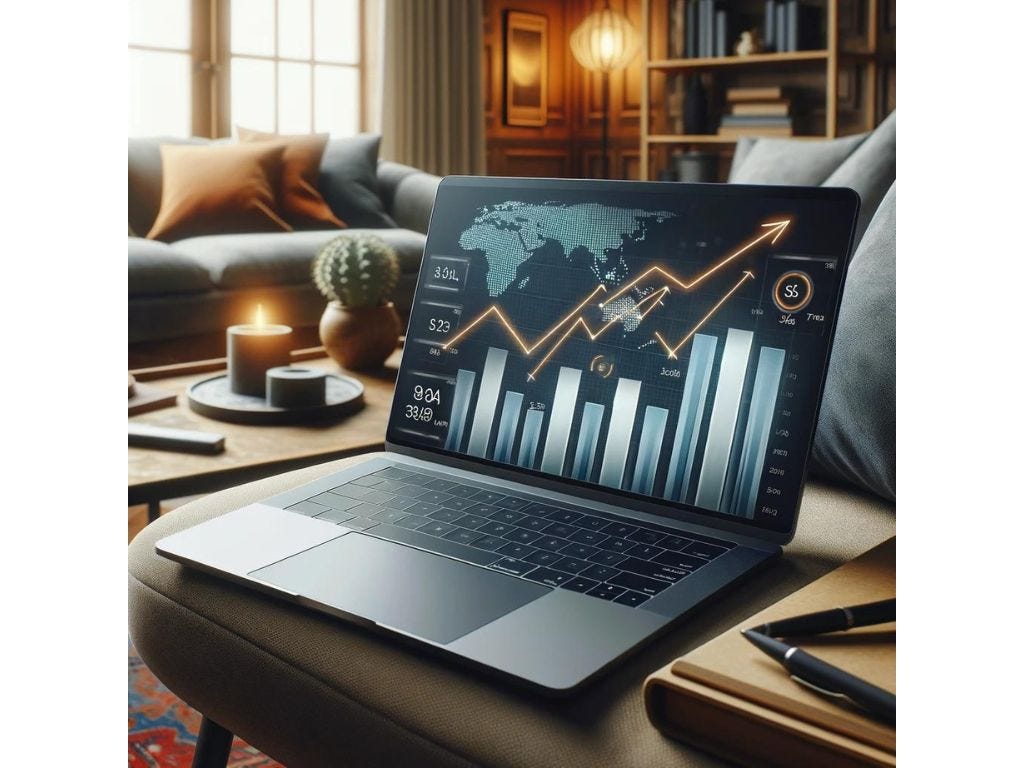 A sleek laptop displaying charts of rising income from affiliate marketing, set against a backdrop of a cozy living space.