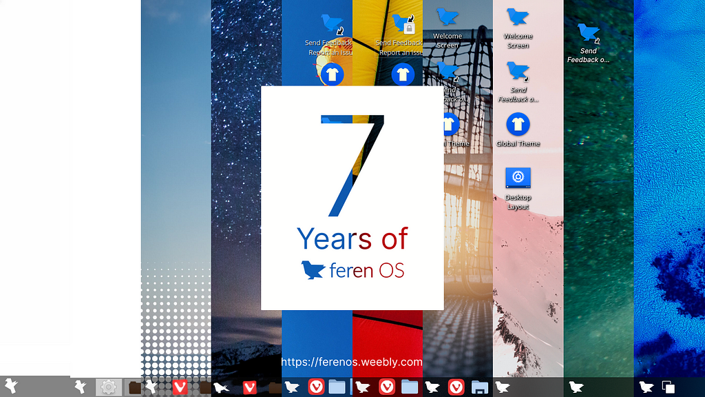 7 years of Feren OS, with the history of Feren OS behind it in screenshots form