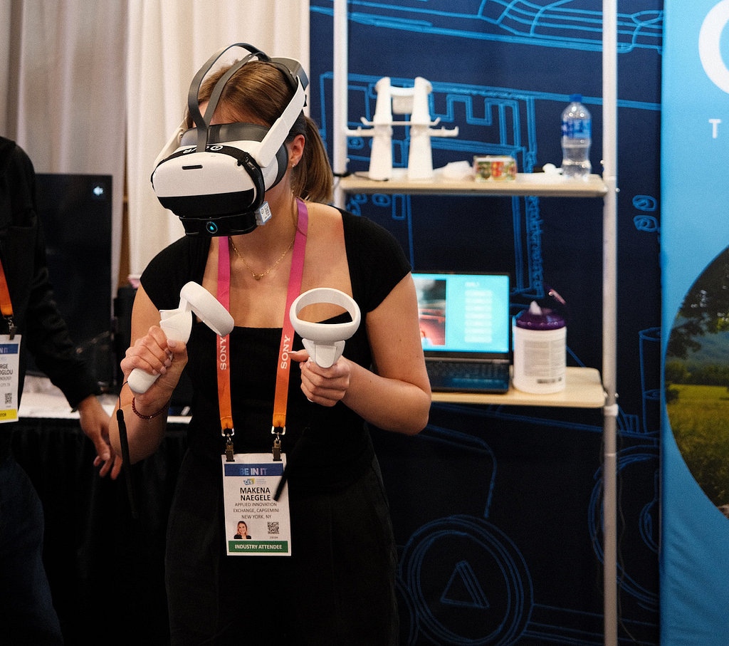 A woman wearing a VR headset.