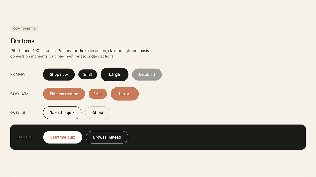 Extract of the UI kit generated by an agentic tool from the vibe-coded interface, showing inconsistencies in button sizing, semantic importance, and interaction states across components.
