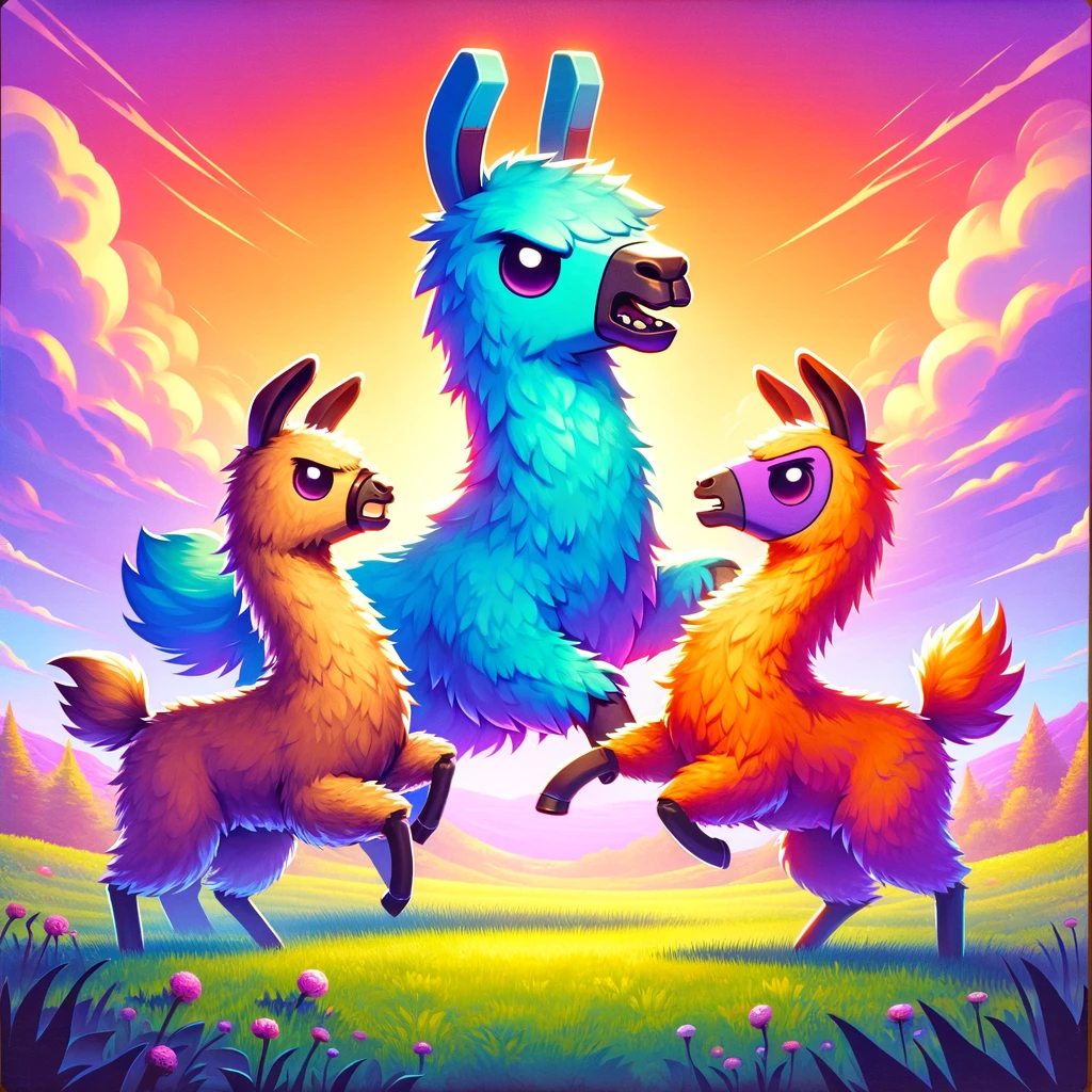A cartoonish cover art depicting three llamas engaging in a playful battle in a field.