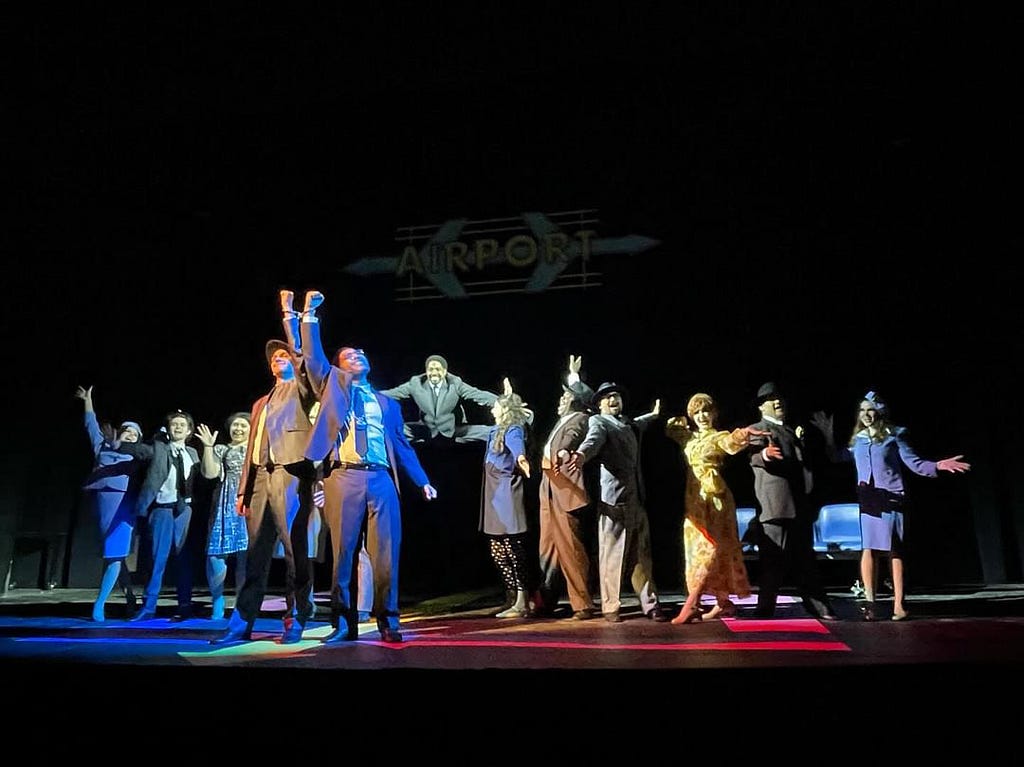 Photo of the cast of Whittier’s “Catch Me If You Can” at the end of their show.