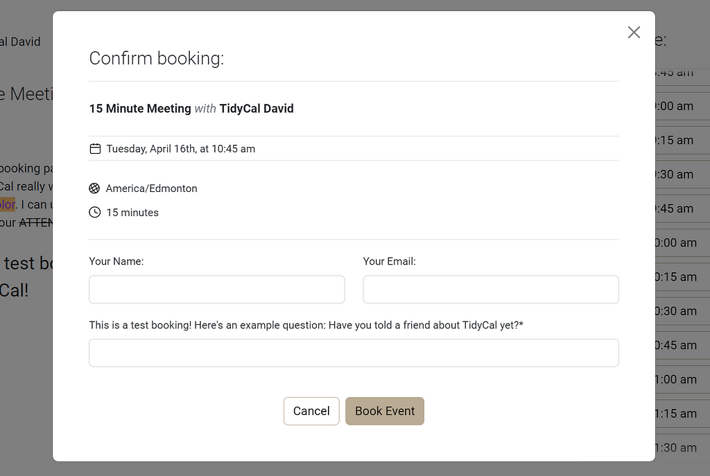 Screenshot of Confirm booking window.