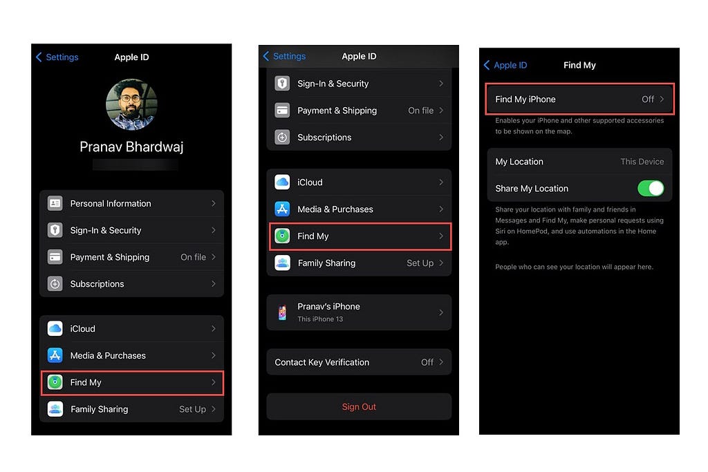 Screenshots of Steps to enable “Find My iPhone”