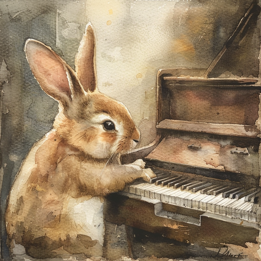 Vintage watercolor, a bunny plating piano