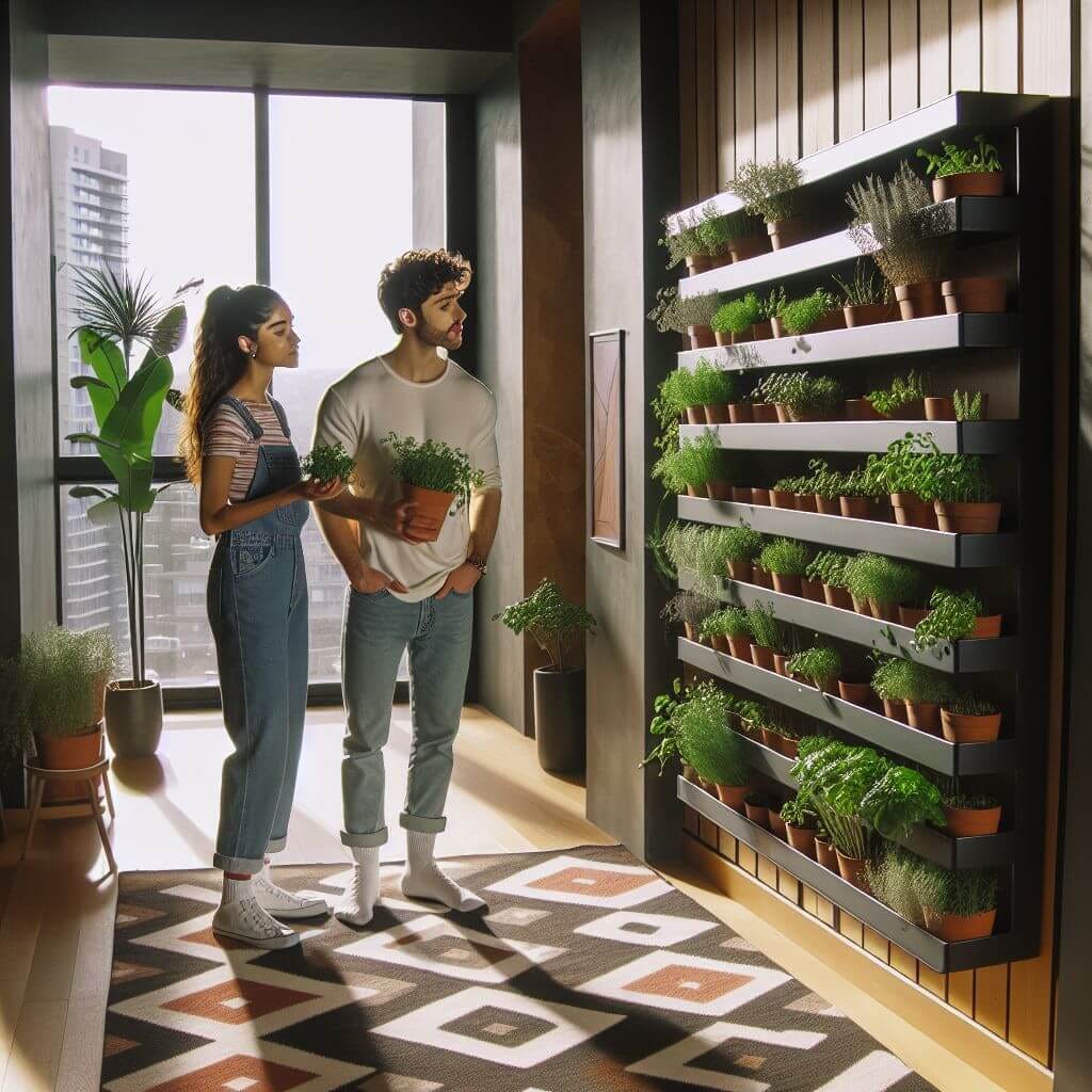 Victoria and Dan with their new herbs in pots in a vertical planter opposite a windowed wall.