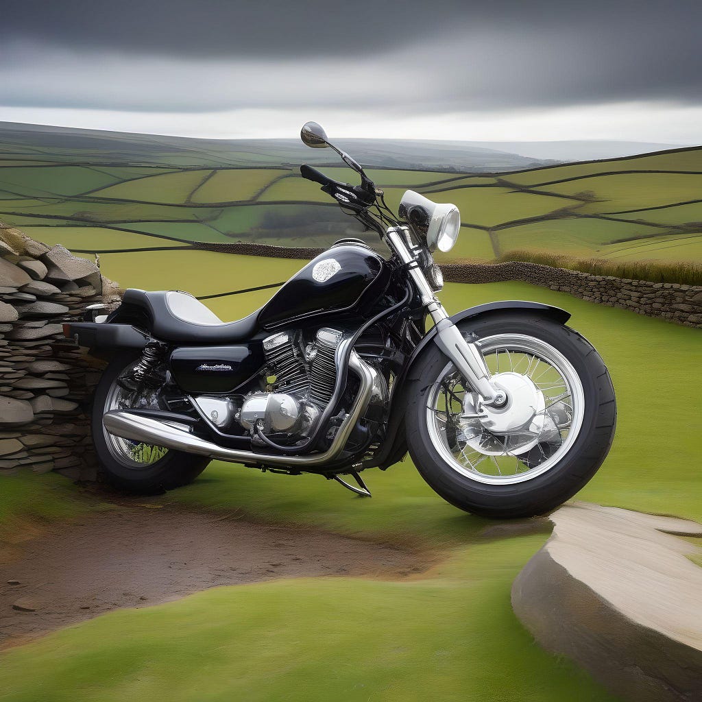 A black and chrome motorbike and a drystone wall