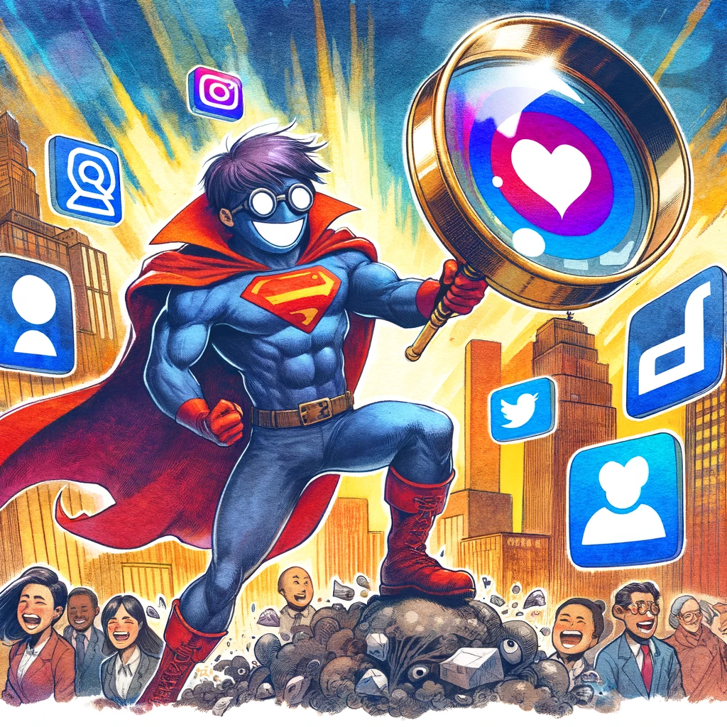 Farcical Superman cartoon character holding a big magnifying glass over social media brand symbols. He is standing on a mound of dirt, with people below and all around. He is standing in a victorious/conquering position with his left knee bent and on top of the mound and his right leg straight behind him. He is in a sort of lunge position.