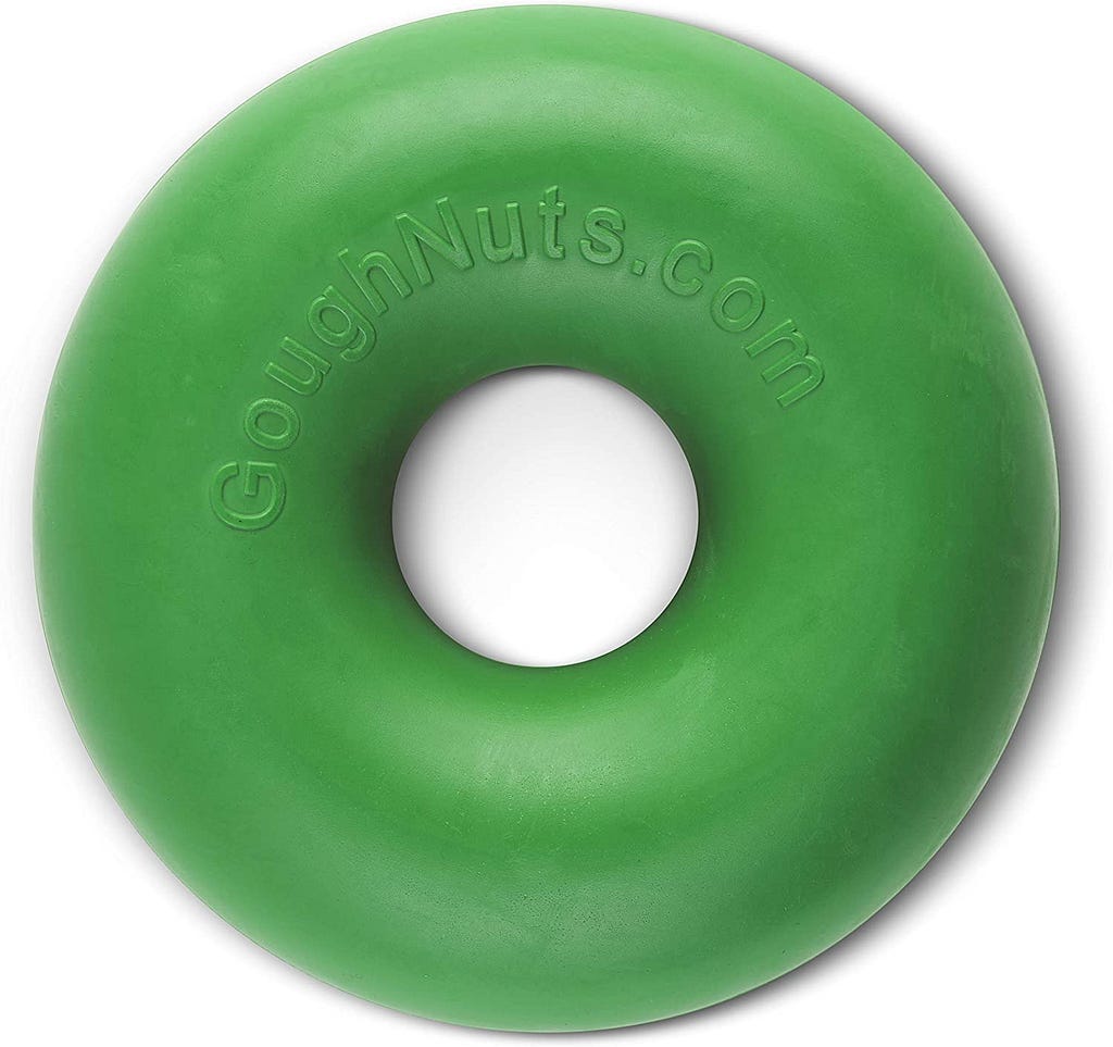 Green circular plastic ring with “Goughnuts.com” written on it.