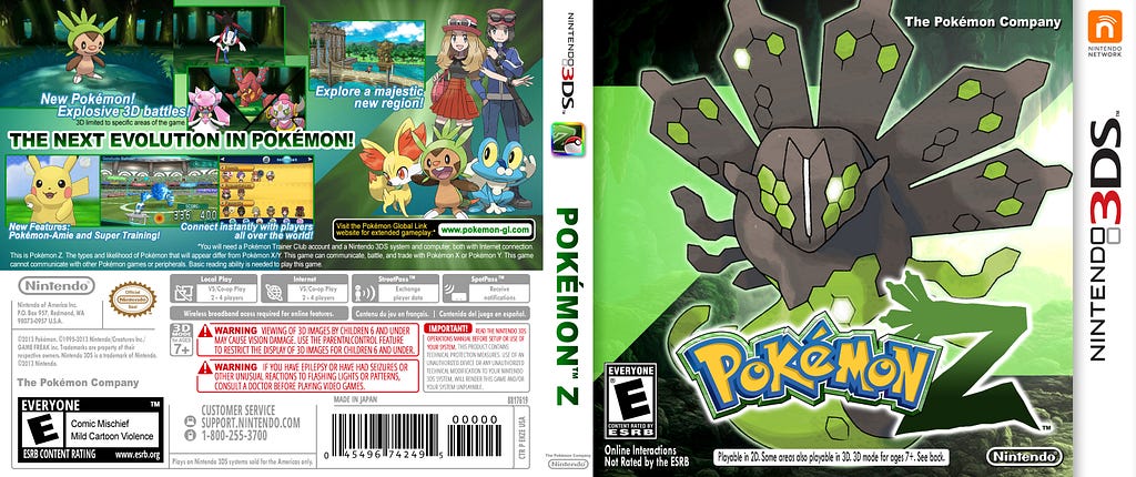 A fan-made cover for the nonexistent Pokémon Z game on Nintendo 3DS. It looks like any other 3DS game cover, and is designed to closely mimic the covers of Pokémon X and Y. The back cover (left) details features of the game and has warnings for photosensitive players.