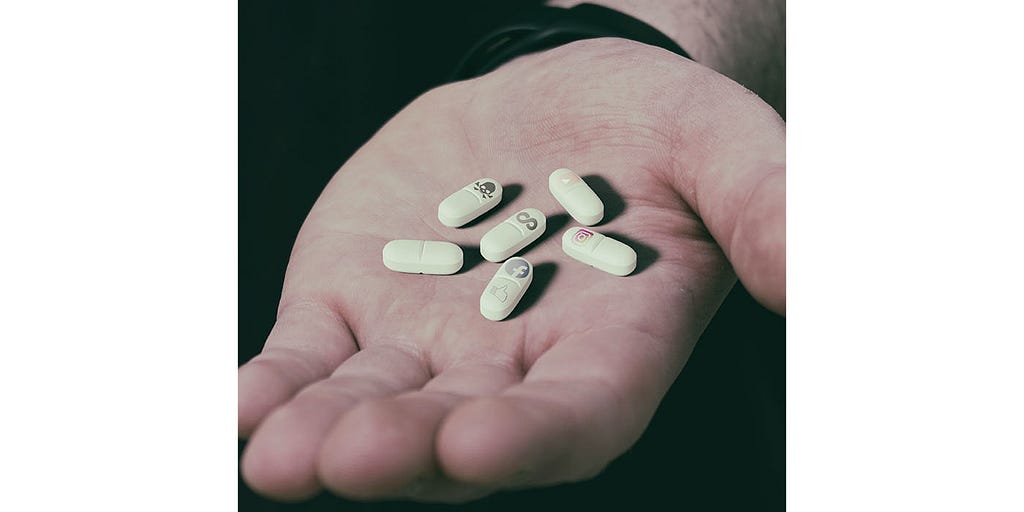 Someone holding six pills, some of them with deadly symbols, others with social media logos.