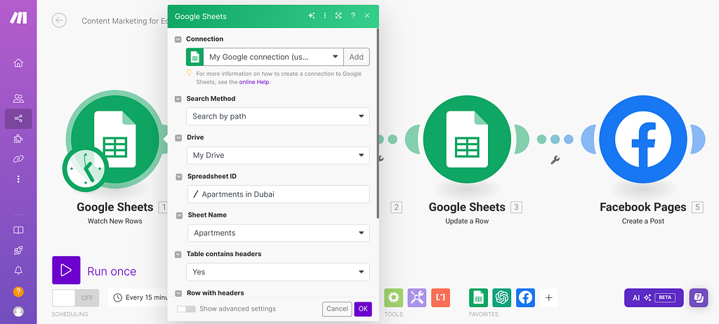 Setting up with Google Sheets module