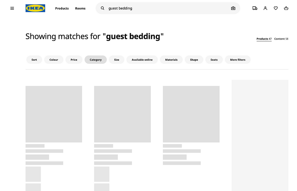 Ikea search page for guest bedding showing 3 placeholders for content which will load later