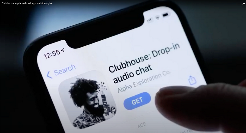 A finger poised over the Clubhouse app on Apple’s App Store.