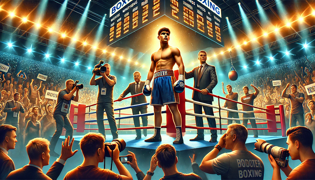 A dynamic boxing scene featuring a young, undefeated boxer in the ring. The boxer is surrounded by cheering fans and photographers capturing the moment. The background includes a large scoreboard showing an impressive winning streak. On the sidelines, a manager or promoter is seen talking to another boxer, indicating strategic planning and matchmaking. The overall atmosphere is vibrant and energetic, highlighting the spectacle and drama of professional boxing.