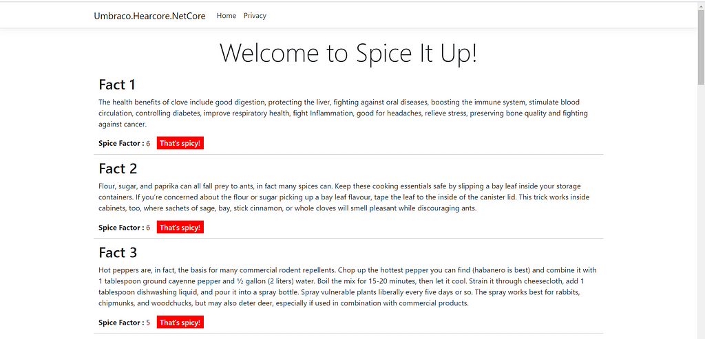 Spice facts on a web page