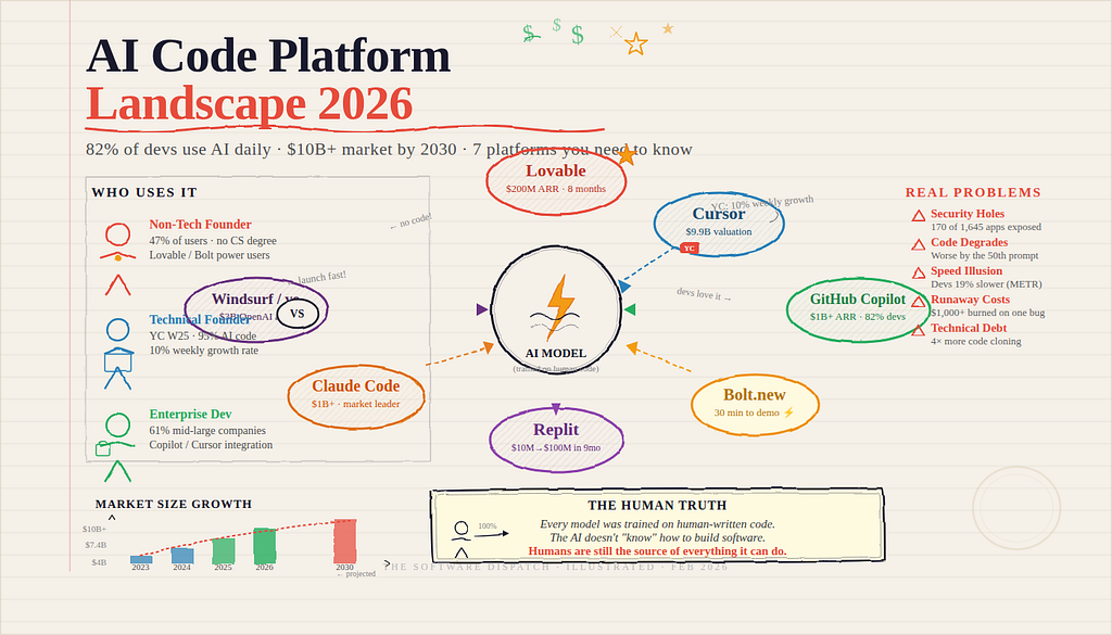 An infographic mapping the AI code platform landscape in 2026, showing seven tools including Cursor, Copilot, and Claude Code orbiting a central AI model, with market stats, user types, and a note that humans remain the source of everything AI can do